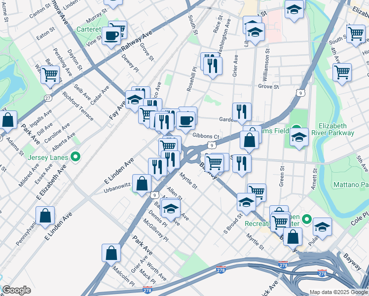 map of restaurants, bars, coffee shops, grocery stores, and more near 550 Edgar Road in Elizabeth