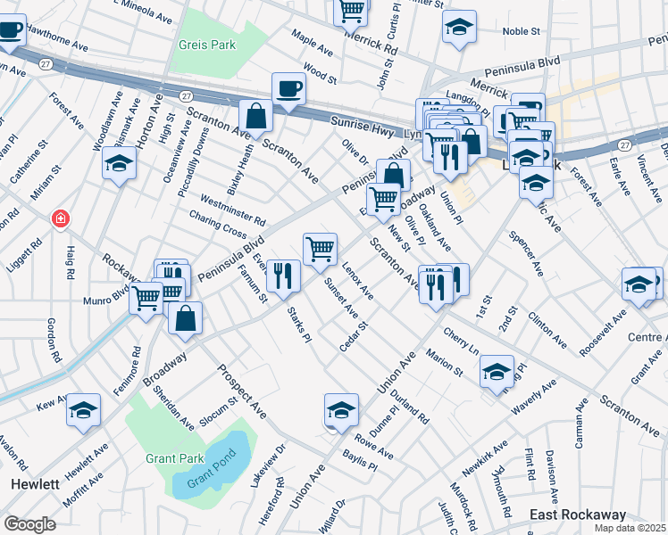 map of restaurants, bars, coffee shops, grocery stores, and more near 366 Broadway in Lynbrook