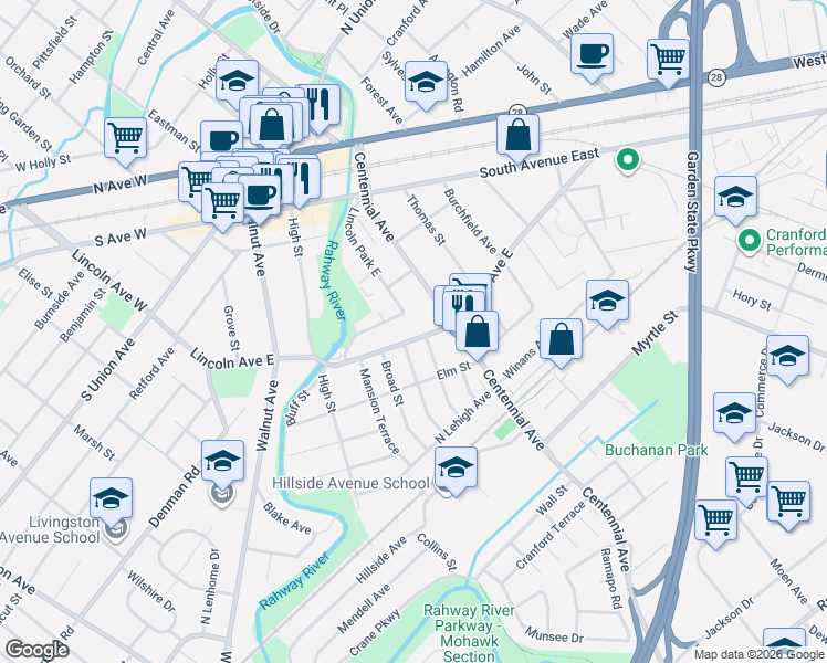 map of restaurants, bars, coffee shops, grocery stores, and more near 625 Lincoln Park East in Cranford