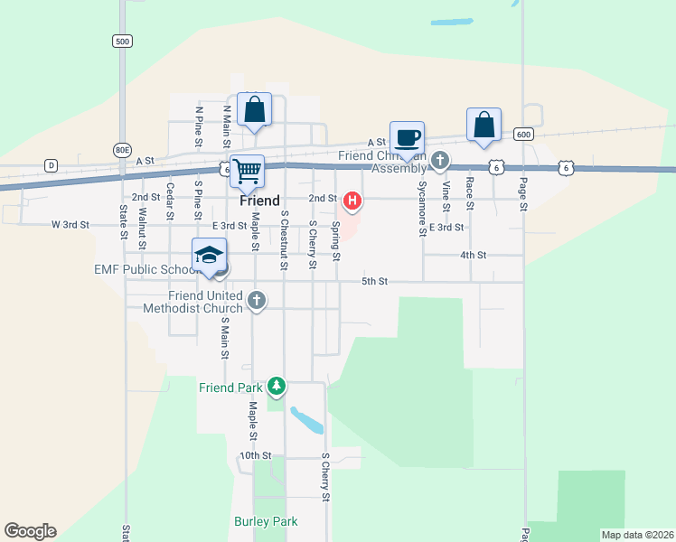 map of restaurants, bars, coffee shops, grocery stores, and more near 403 Spring Street in Friend