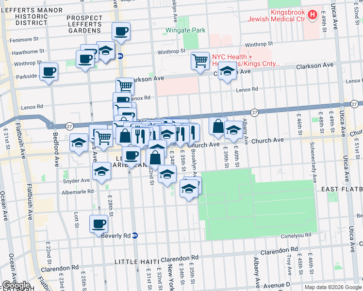 map of restaurants, bars, coffee shops, grocery stores, and more near 169 East 35th Street in Brooklyn