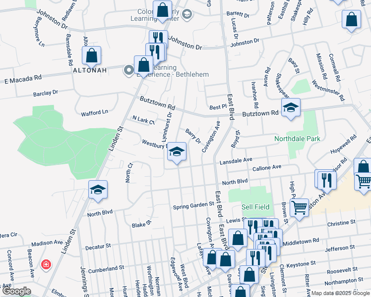 map of restaurants, bars, coffee shops, grocery stores, and more near 2643 Lafayette Avenue in Bethlehem