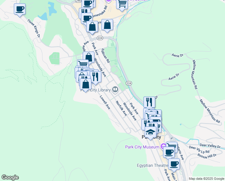 map of restaurants, bars, coffee shops, grocery stores, and more near 1255 Park Avenue in Park City