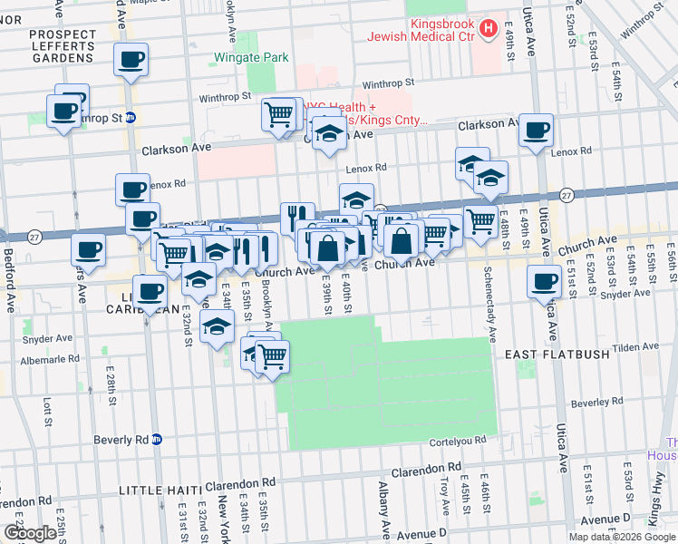 map of restaurants, bars, coffee shops, grocery stores, and more near 3918 Church Avenue in Brooklyn