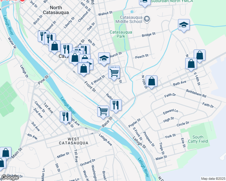 map of restaurants, bars, coffee shops, grocery stores, and more near 115 2nd Street in Catasauqua