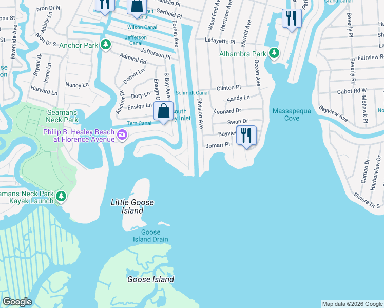 map of restaurants, bars, coffee shops, grocery stores, and more near 27 Forest Avenue in Massapequa