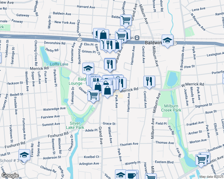 map of restaurants, bars, coffee shops, grocery stores, and more near 843 Merrick Road in Baldwin