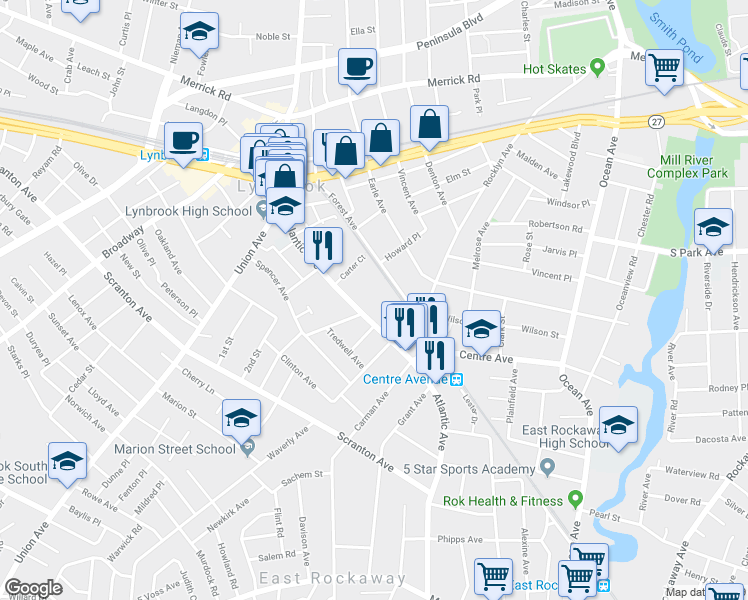 map of restaurants, bars, coffee shops, grocery stores, and more near 200 Atlantic Avenue in Lynbrook