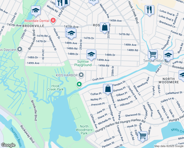 map of restaurants, bars, coffee shops, grocery stores, and more near 149-55 254th Street in Queens