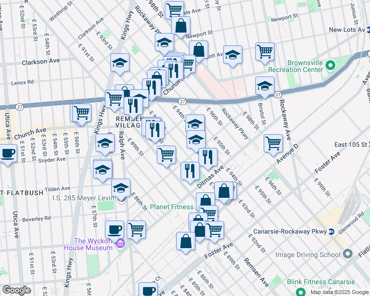 map of restaurants, bars, coffee shops, grocery stores, and more near 653 East 92nd Street in Brooklyn