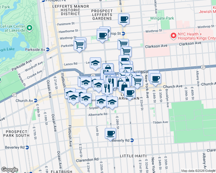 map of restaurants, bars, coffee shops, grocery stores, and more near 801 Rogers Avenue in Brooklyn