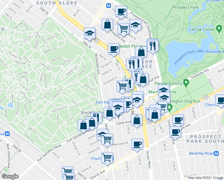 map of restaurants, bars, coffee shops, grocery stores, and more near 18 East 2nd Street in Brooklyn