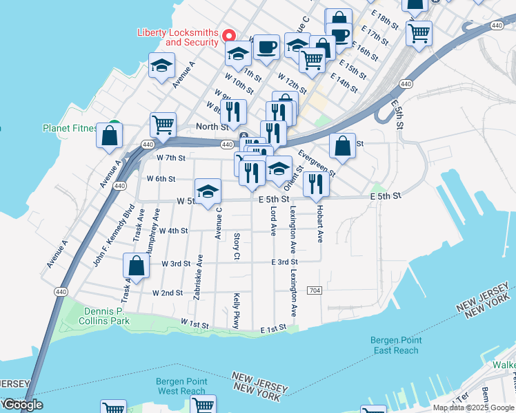 map of restaurants, bars, coffee shops, grocery stores, and more near 155 Broadway in Bayonne