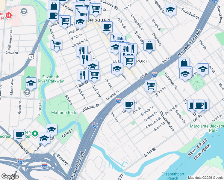 map of restaurants, bars, coffee shops, grocery stores, and more near 203 Rankin Street in Elizabeth