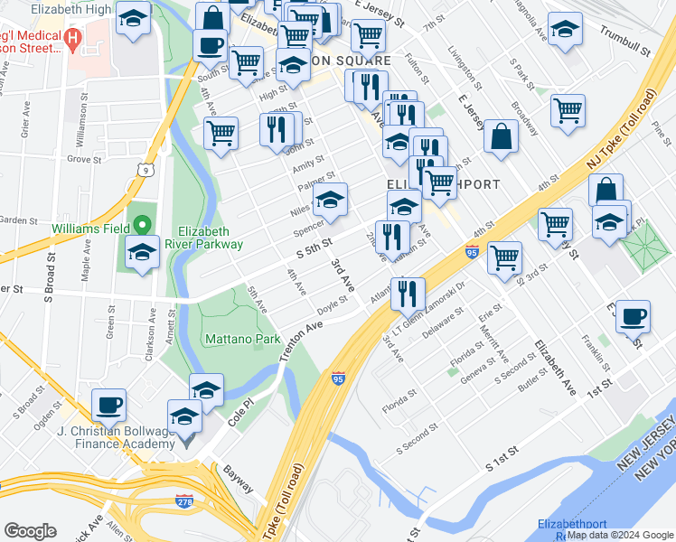 map of restaurants, bars, coffee shops, grocery stores, and more near 230 Loomis Street in Elizabeth
