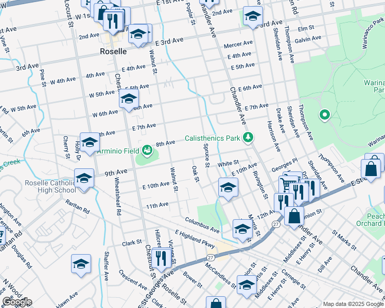 map of restaurants, bars, coffee shops, grocery stores, and more near 812 Spruce Street in Roselle