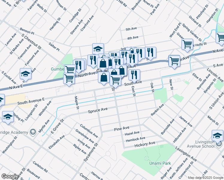 map of restaurants, bars, coffee shops, grocery stores, and more near 117 Center Street in Garwood