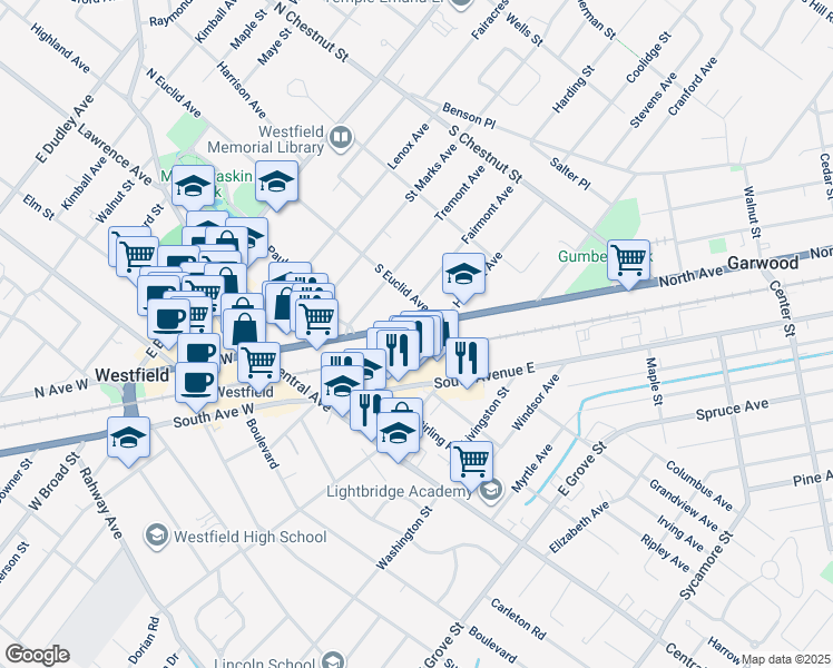 map of restaurants, bars, coffee shops, grocery stores, and more near 433 North Avenue East in Westfield