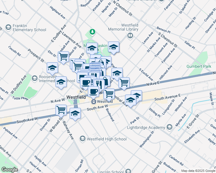 map of restaurants, bars, coffee shops, grocery stores, and more near 155 Central Avenue in Westfield