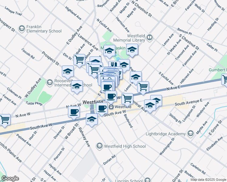 map of restaurants, bars, coffee shops, grocery stores, and more near 43 Elm Street in Westfield