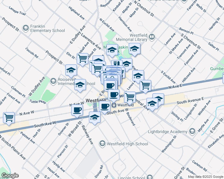 map of restaurants, bars, coffee shops, grocery stores, and more near 43 Elm Street in Westfield