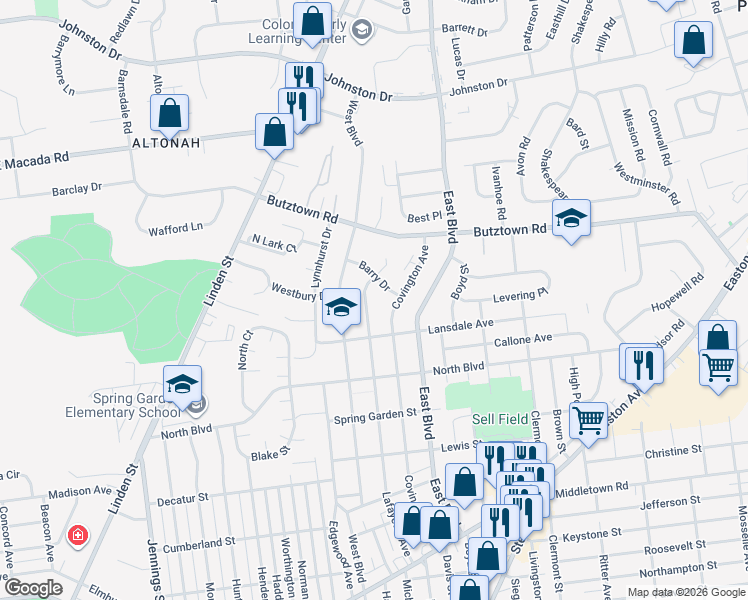 map of restaurants, bars, coffee shops, grocery stores, and more near 2655 Lafayette Avenue in Bethlehem