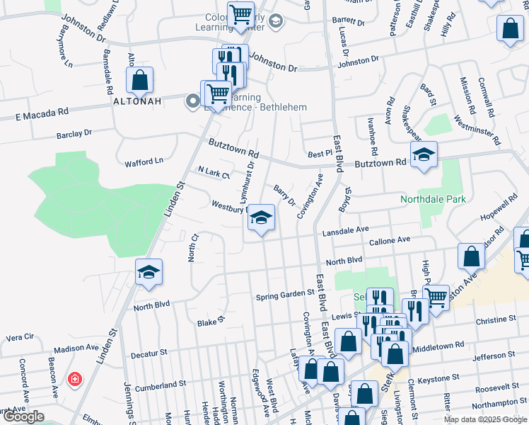 map of restaurants, bars, coffee shops, grocery stores, and more near 2646 West Boulevard in Bethlehem