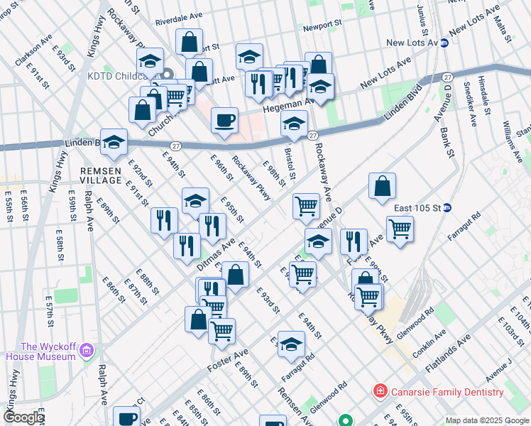 map of restaurants, bars, coffee shops, grocery stores, and more near 742 Roackaway Parkway in Brooklyn