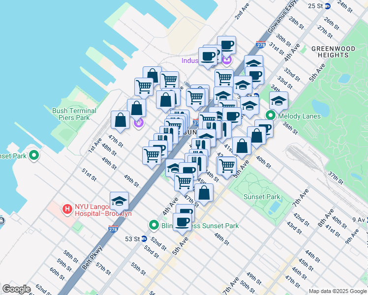 map of restaurants, bars, coffee shops, grocery stores, and more near 4313 3rd Avenue in Brooklyn