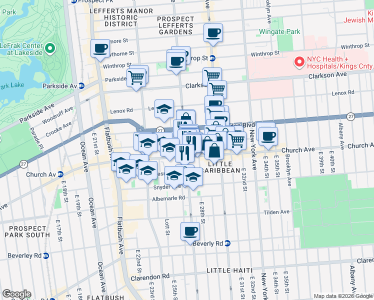 map of restaurants, bars, coffee shops, grocery stores, and more near 805 Rogers Avenue in Brooklyn