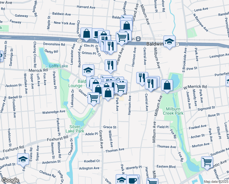 map of restaurants, bars, coffee shops, grocery stores, and more near 843 Merrick Road in Baldwin
