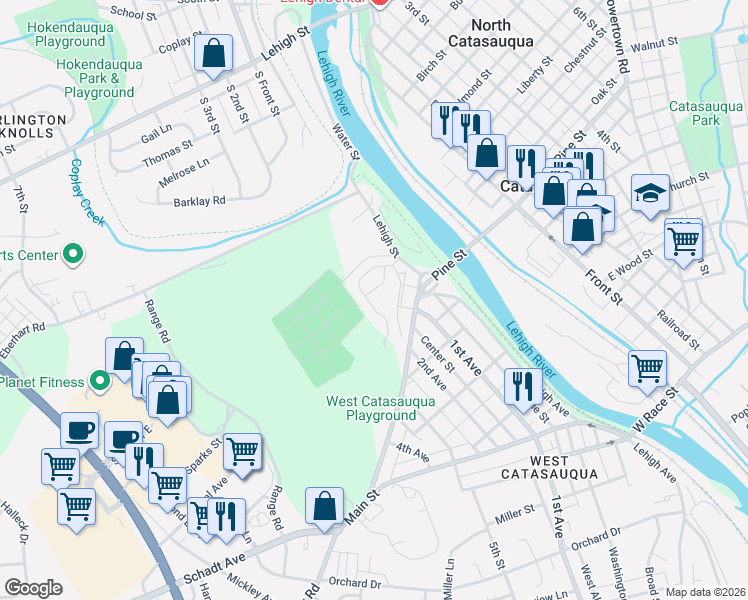 map of restaurants, bars, coffee shops, grocery stores, and more near 2415 Gentle Hollow Road in Lehigh County
