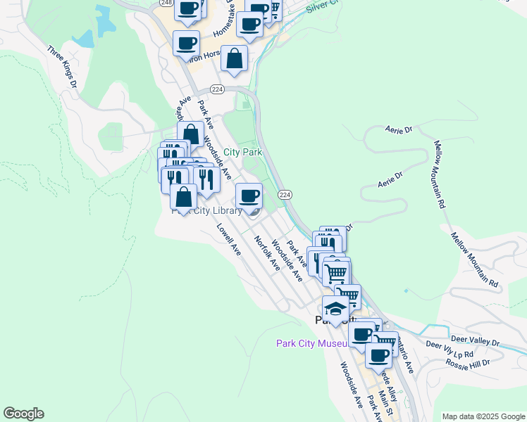 map of restaurants, bars, coffee shops, grocery stores, and more near 1215 Park Avenue in Park City