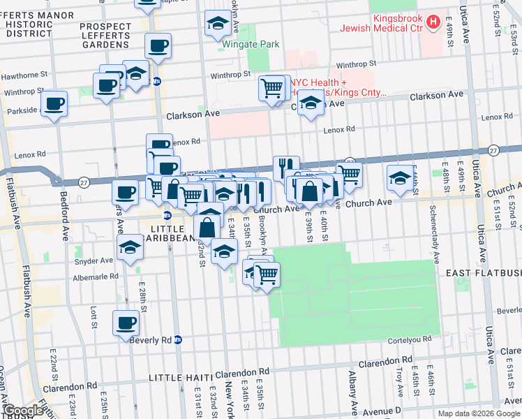 map of restaurants, bars, coffee shops, grocery stores, and more near Church Ave & Brooklyn Ave in Brooklyn
