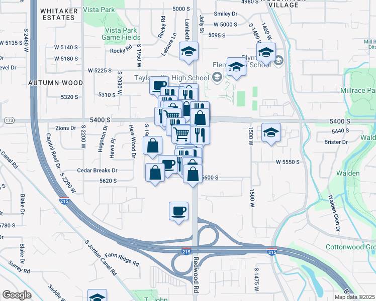 map of restaurants, bars, coffee shops, grocery stores, and more near 5571 South Redwood Road in Taylorsville