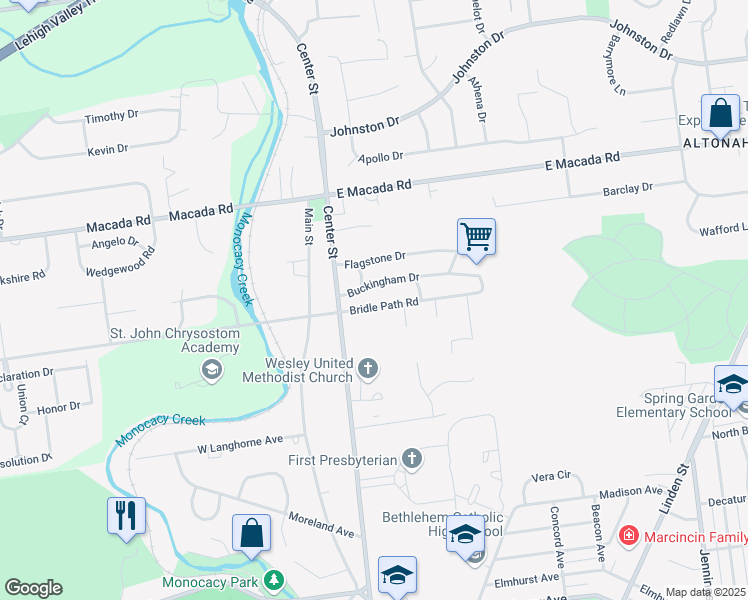 map of restaurants, bars, coffee shops, grocery stores, and more near 205 Bridle Path Road in Bethlehem