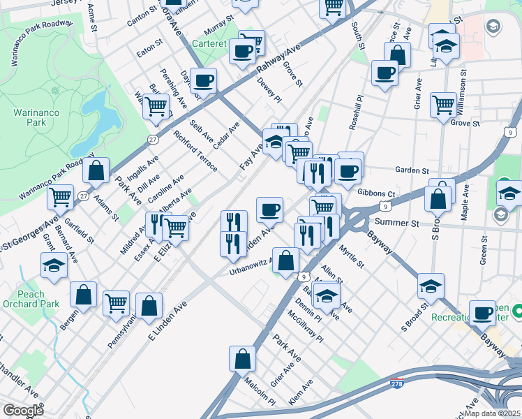 map of restaurants, bars, coffee shops, grocery stores, and more near 2419 East Linden Avenue in Linden
