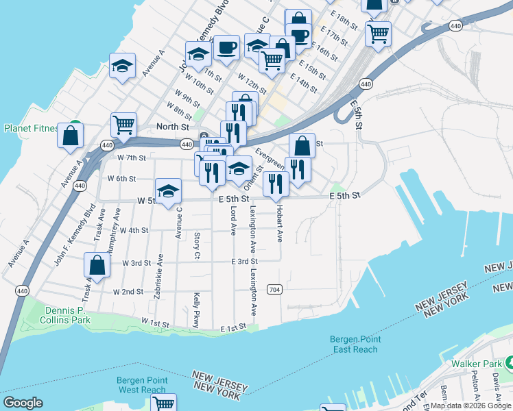 map of restaurants, bars, coffee shops, grocery stores, and more near 57 East 5th Street in Bayonne