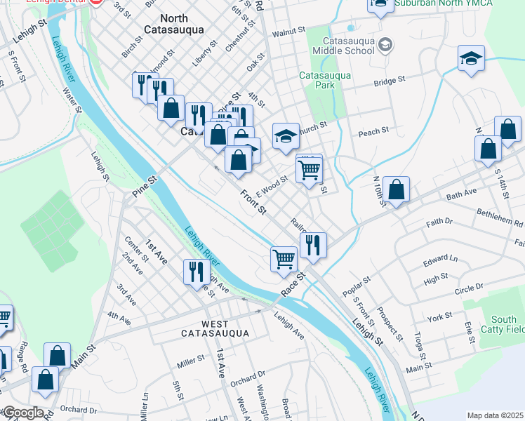 map of restaurants, bars, coffee shops, grocery stores, and more near Front Street in Catasauqua