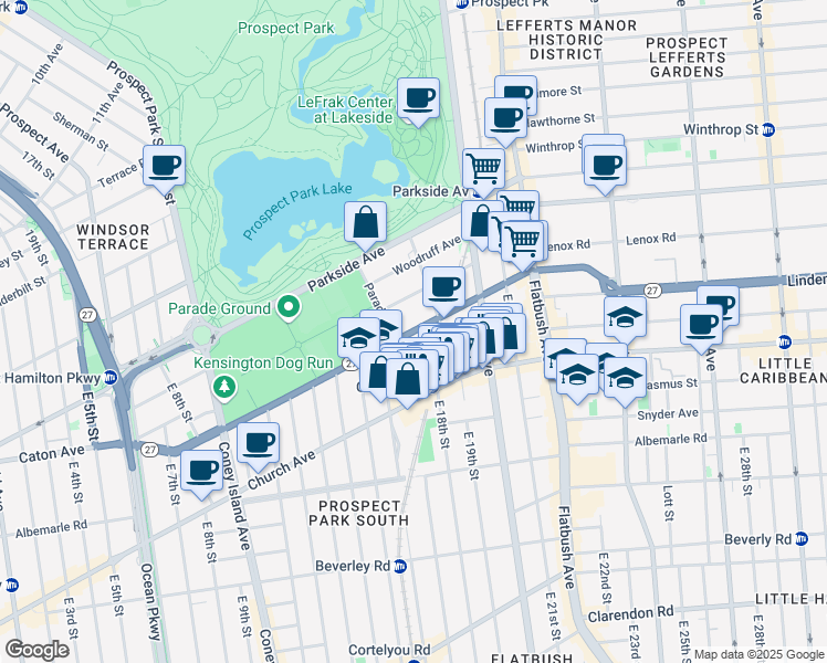 map of restaurants, bars, coffee shops, grocery stores, and more near 1712 Caton Avenue in Brooklyn
