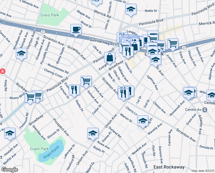 map of restaurants, bars, coffee shops, grocery stores, and more near 385 Scranton Avenue in Lynbrook