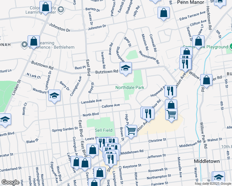 map of restaurants, bars, coffee shops, grocery stores, and more near 1878 Levering Place in Bethlehem