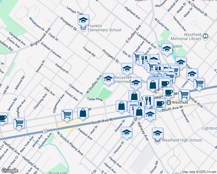 map of restaurants, bars, coffee shops, grocery stores, and more near 305 Clark Street in Westfield