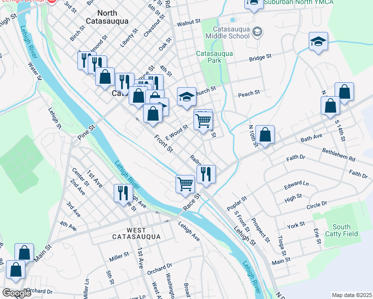 map of restaurants, bars, coffee shops, grocery stores, and more near 141 Railroad Street in Catasauqua