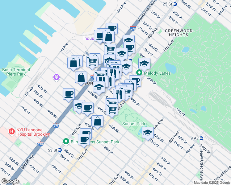 map of restaurants, bars, coffee shops, grocery stores, and more near 3921 4th Avenue in Brooklyn
