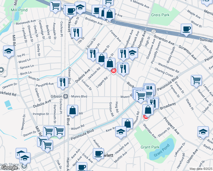 map of restaurants, bars, coffee shops, grocery stores, and more near 32 Gordon Road in Valley Stream