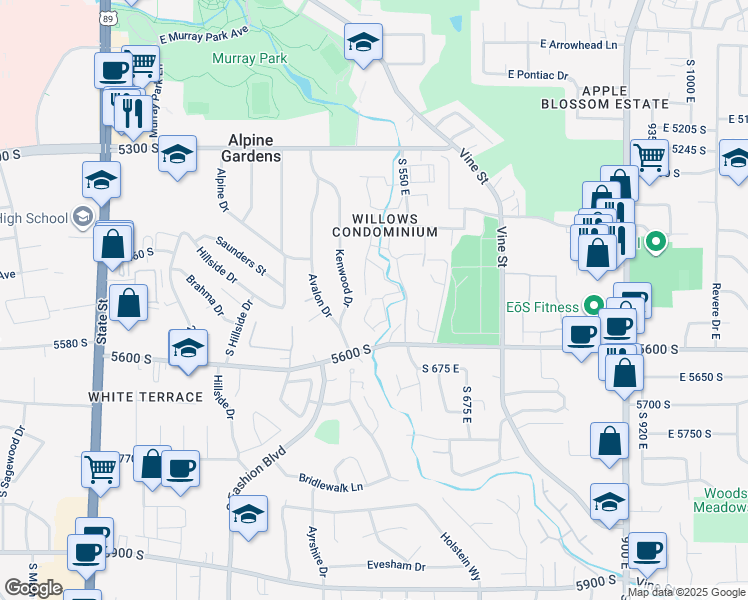 map of restaurants, bars, coffee shops, grocery stores, and more near 5555 South Willow Lane in Murray