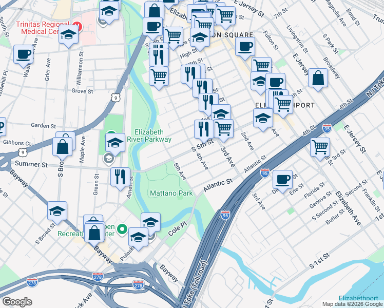 map of restaurants, bars, coffee shops, grocery stores, and more near 400 South 5th Street in Elizabeth