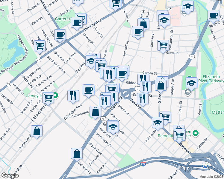 map of restaurants, bars, coffee shops, grocery stores, and more near 936-938 South Elmora Avenue in Elizabeth