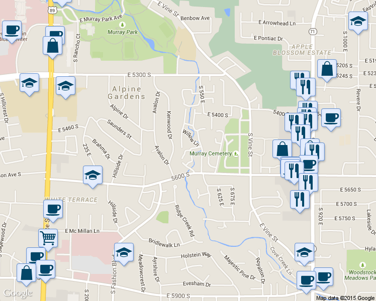 map of restaurants, bars, coffee shops, grocery stores, and more near 5504 South Willow Lane in Murray